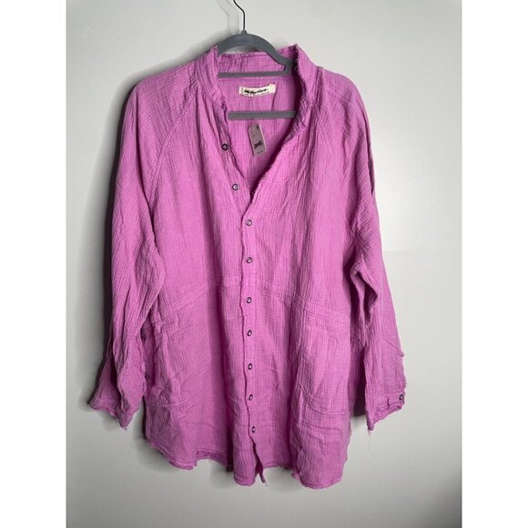 FREE PEOPLE We the Free Summer Daydream Frayed Button Down Shirt Violet L NWT - Picture 2 of 4